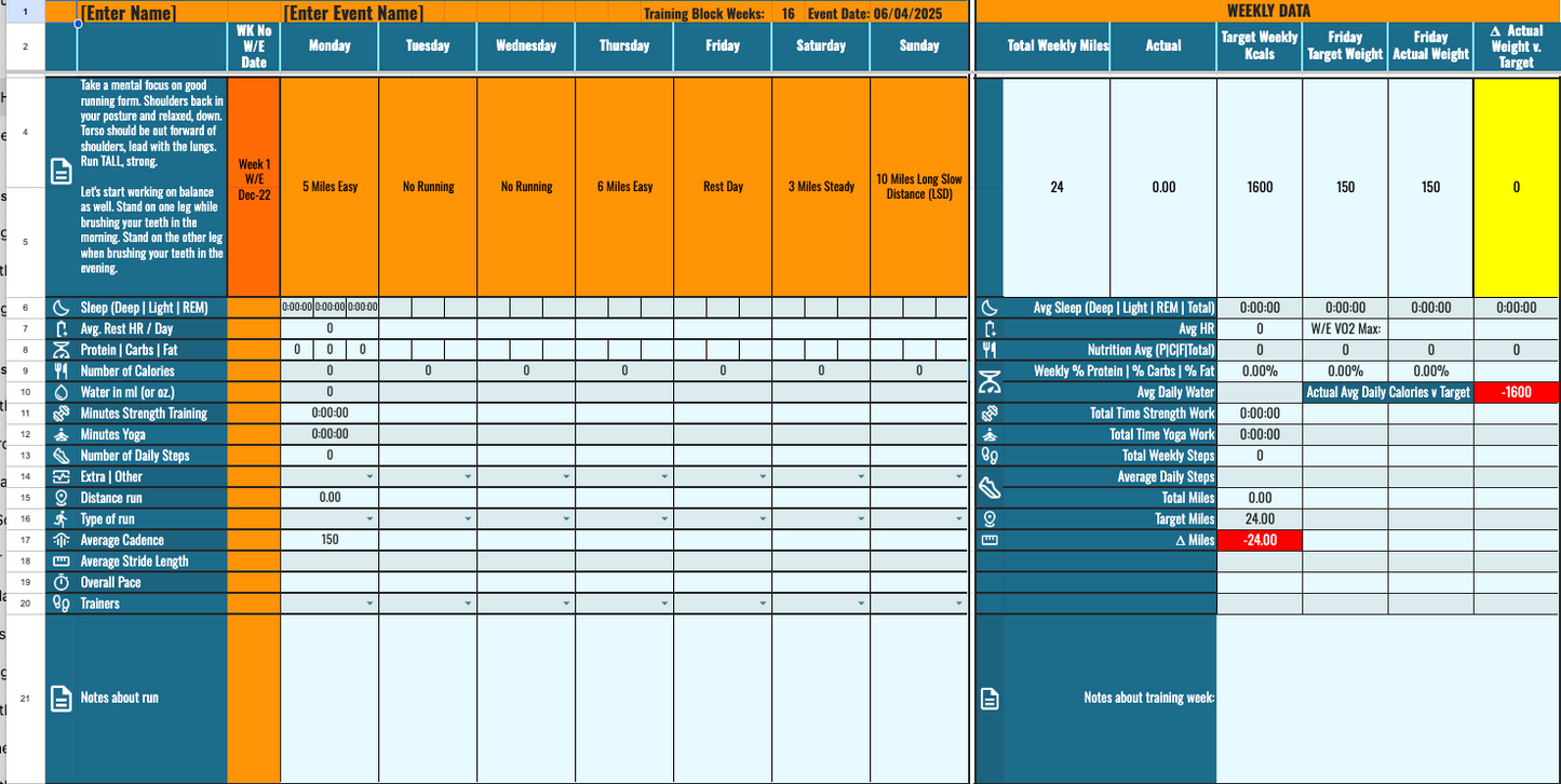 Sub 3-hour marathon training plan in KM's Google Sheets Format