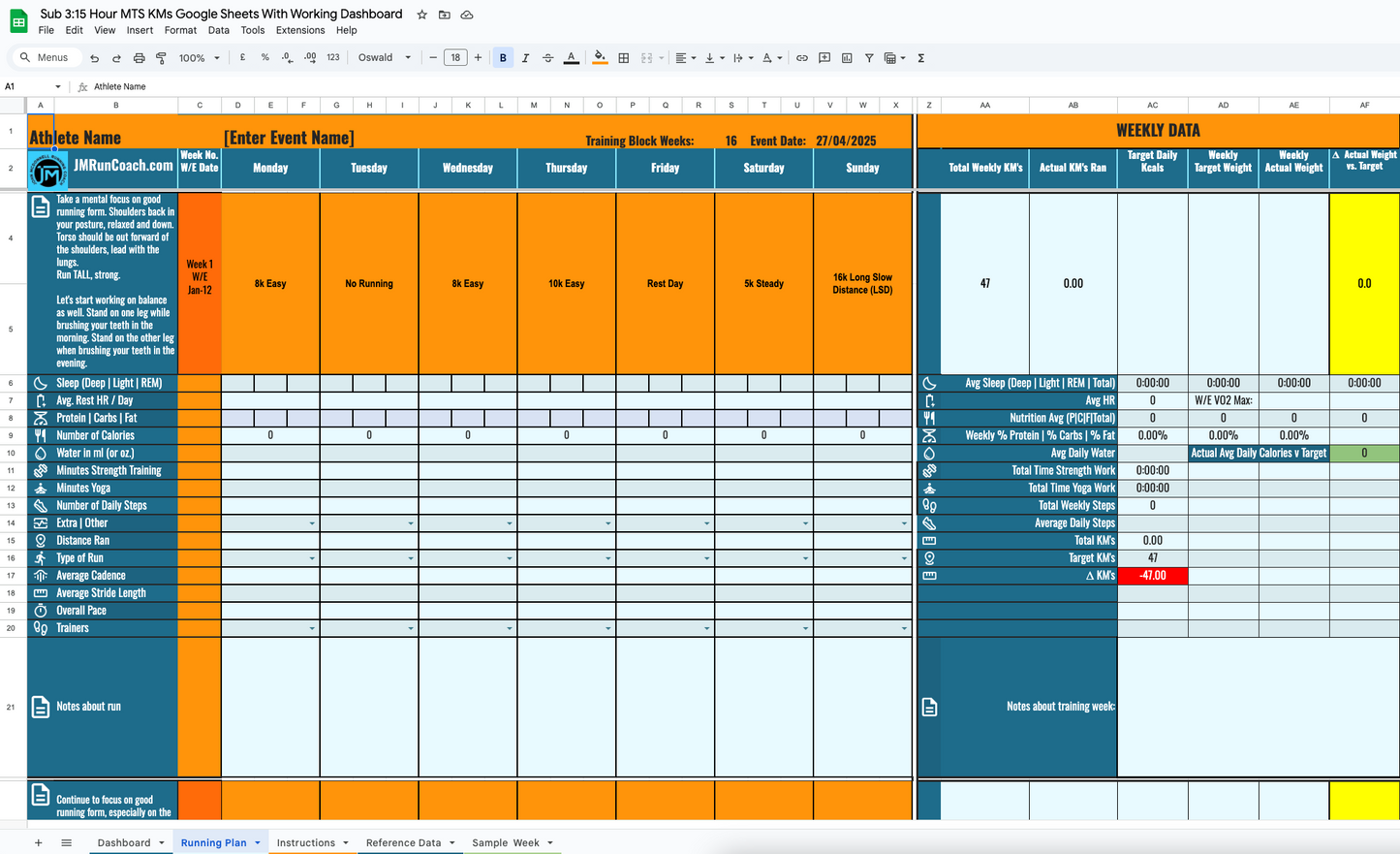 JM Run coach ub 3:15 Marathon Training Plan Medium Volume in Google Sheets Format in Kilometres