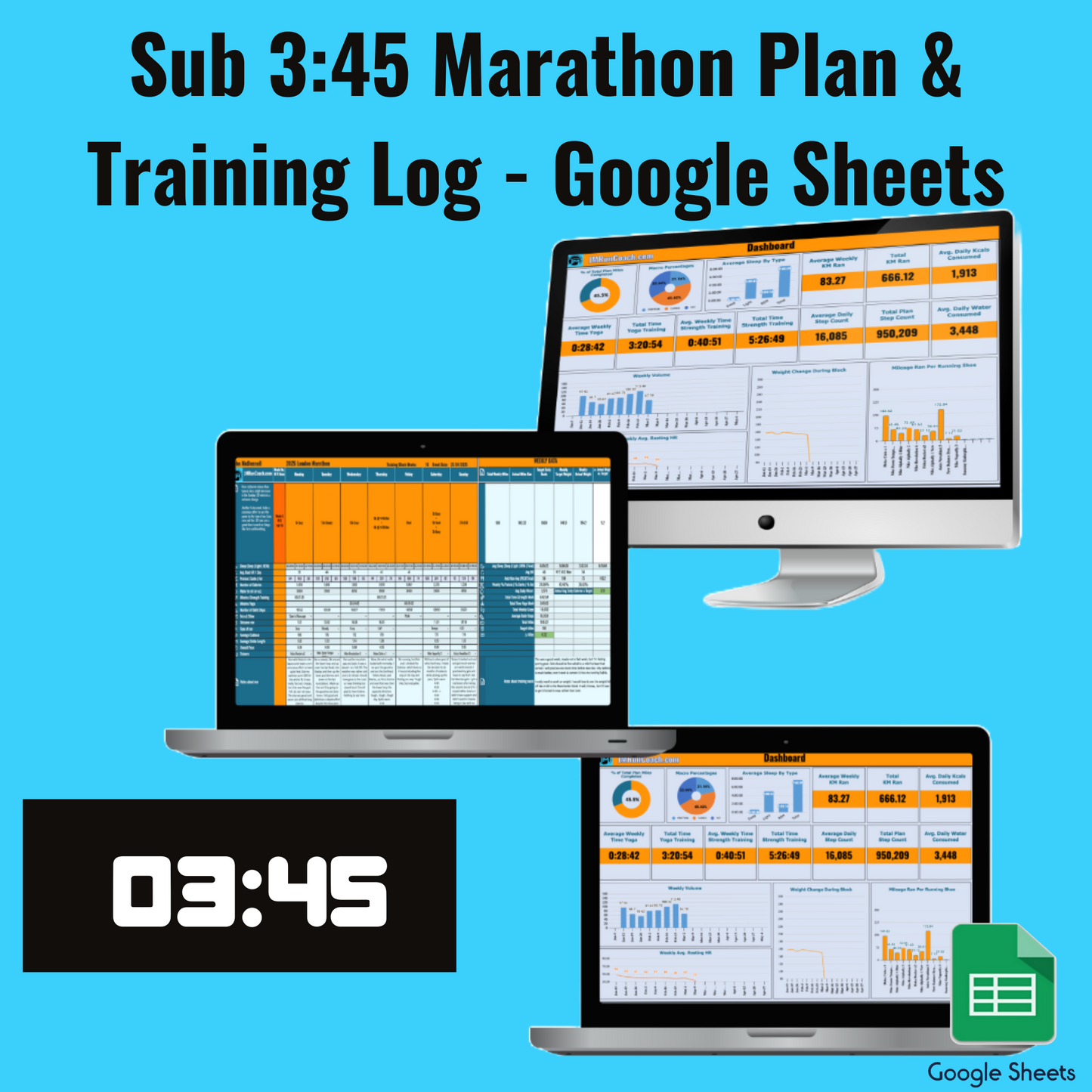 Sub 3:45 Marathon Medium Volume Plan (in KM's) - Google Sheets Training Log - John McDonnell Running Coach