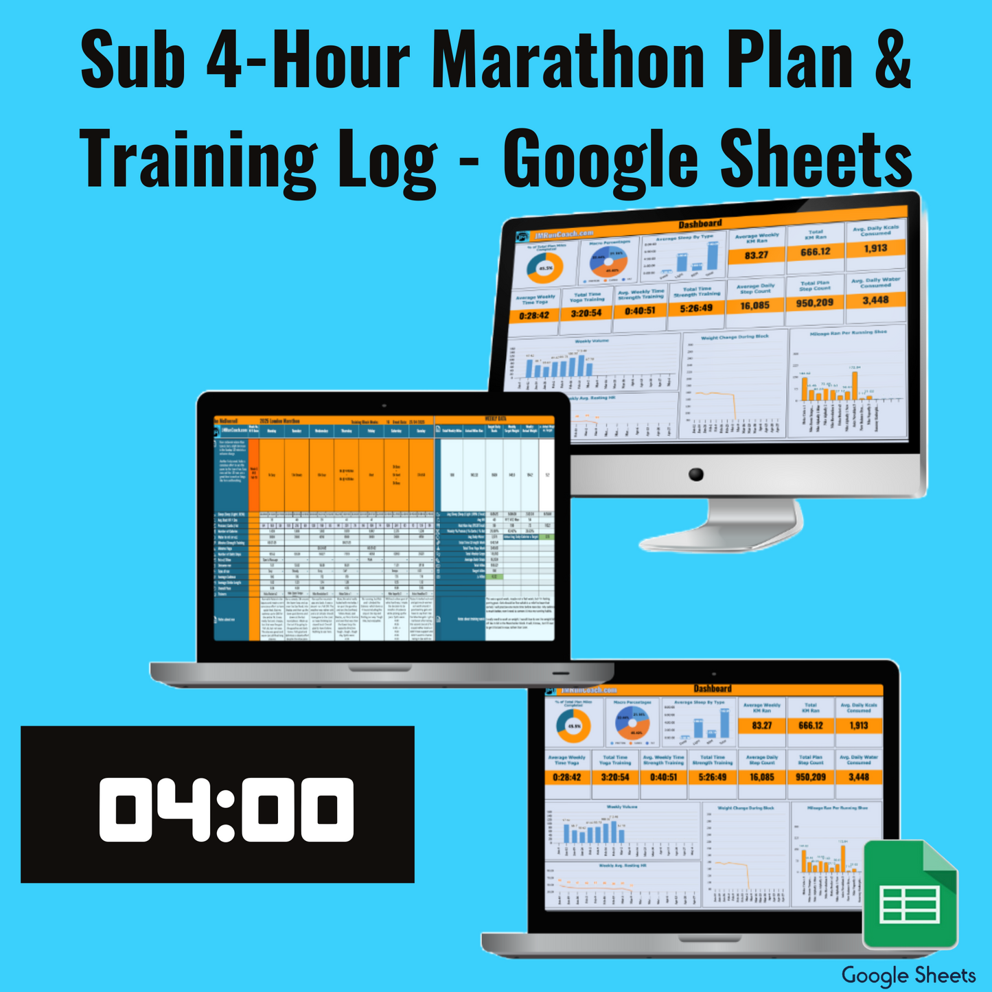 Sub 4-Hour Marathon Medium Volume Plan (in KM's) - Google Sheets Training Log - John McDonnell Running Coach