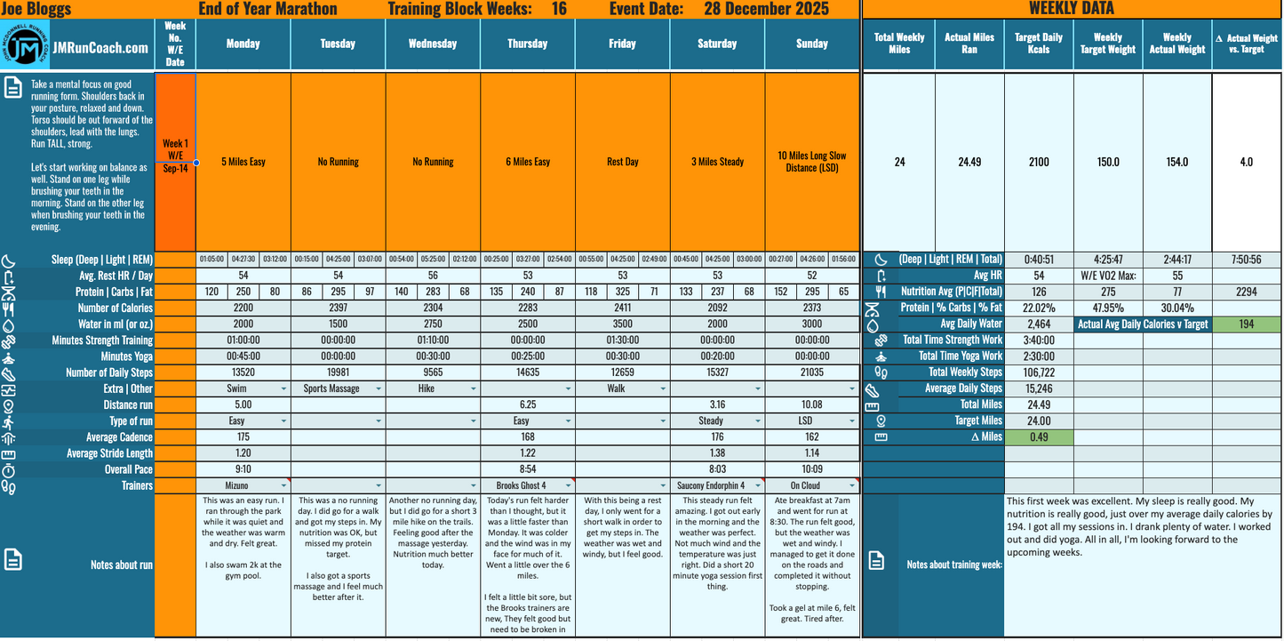 Sub 2:45 Marathon High Mileage Plan (in MILES) - Excel Training Log - John McDonnell Running Coach