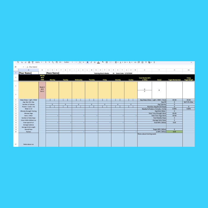 16 Week Blank Running Training Log - Excel Format - John McDonnell Running Coach