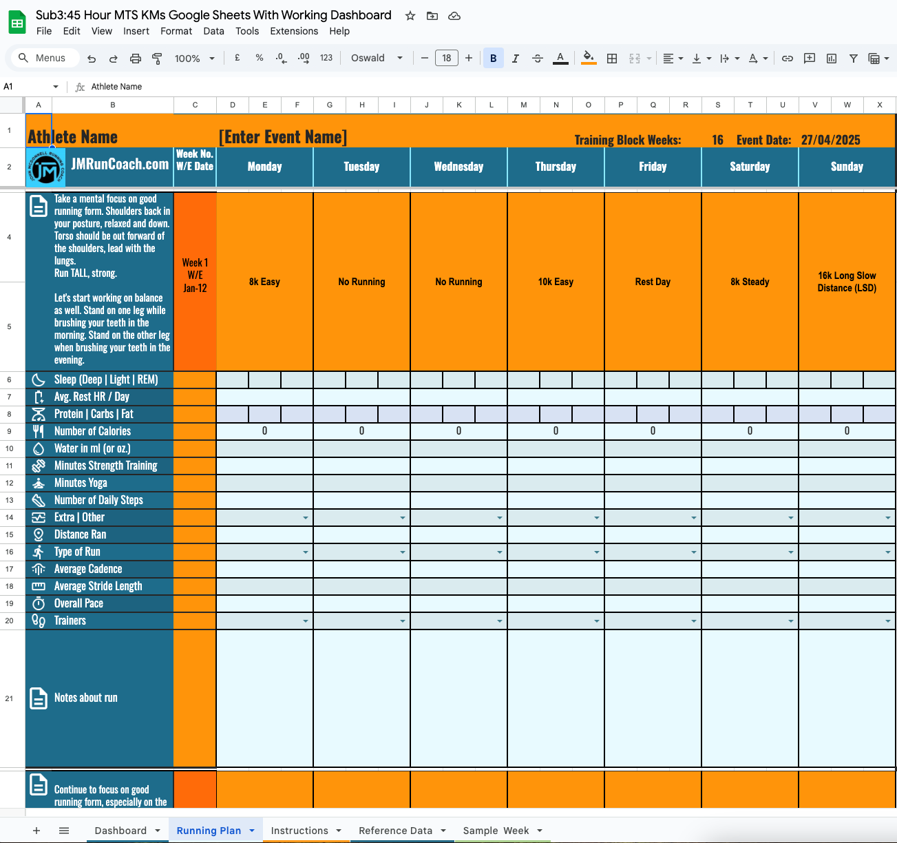 Sub 3:45 Marathon Medium Volume Plan (in KM's) - Google Sheets Training Log