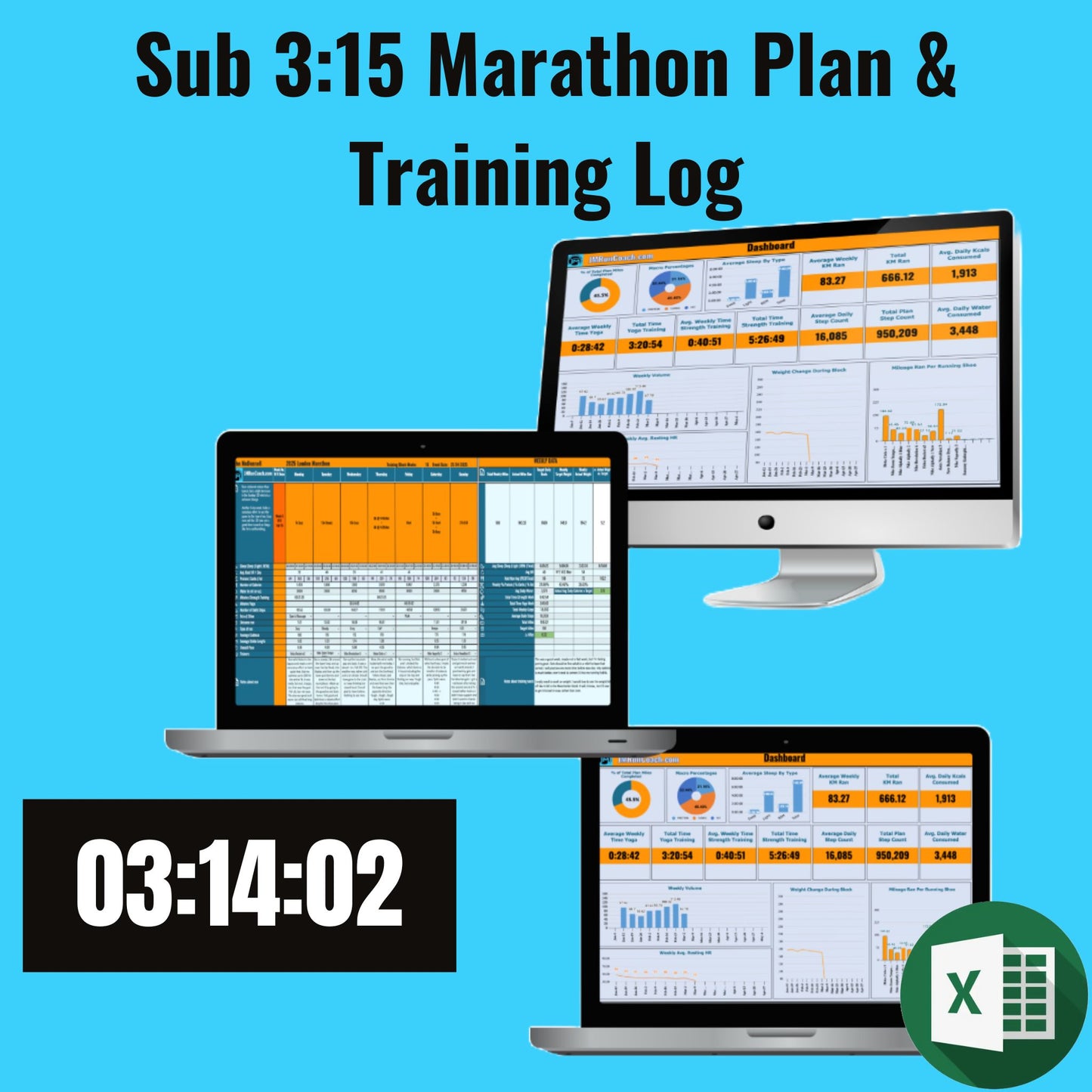 Sub 3:15 Marathon Medium Mileage Plan (in MILES) - Excel Training Log