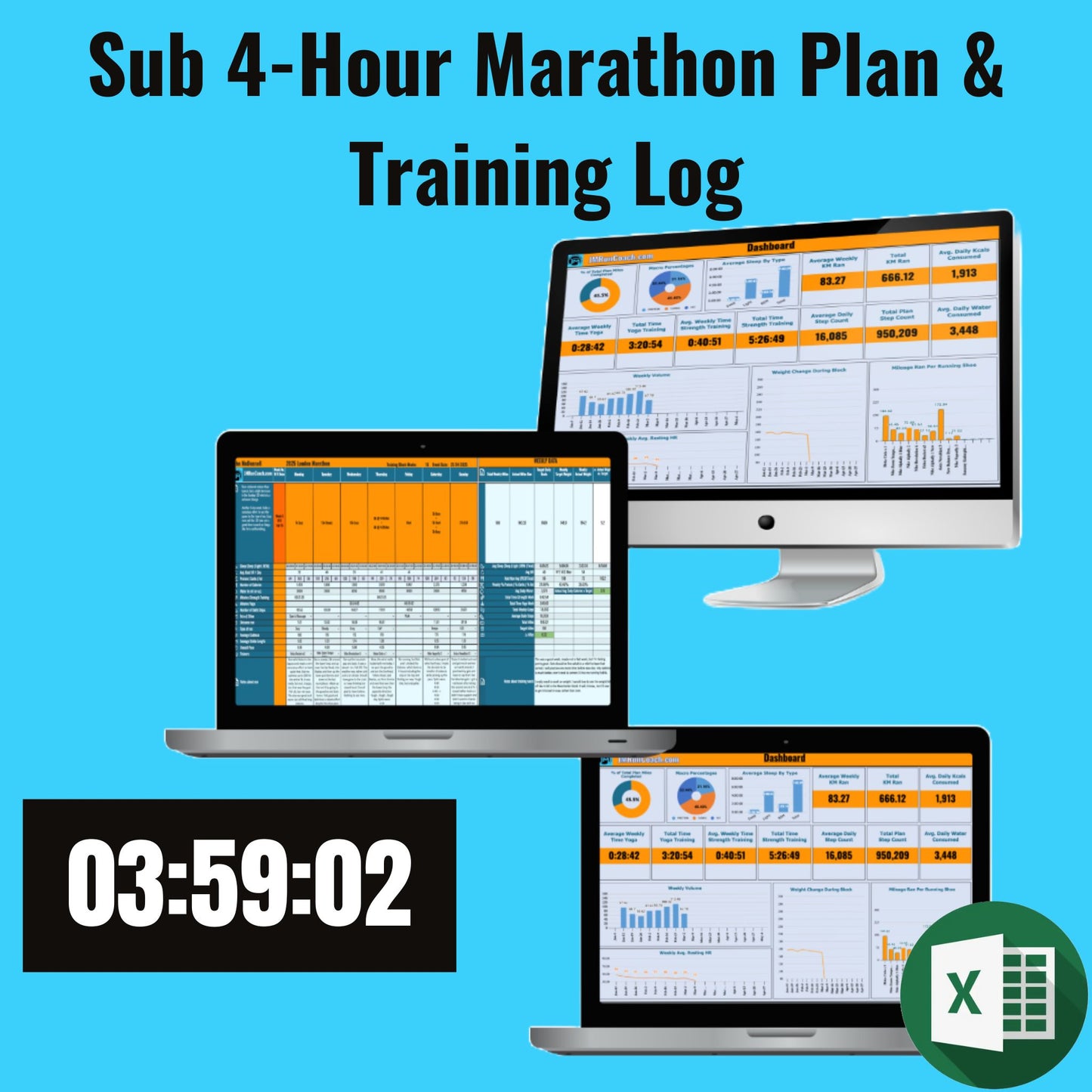 Sub 4-Hour Marathon Medium Mileage Plan (in MILES) - Excel Training Log